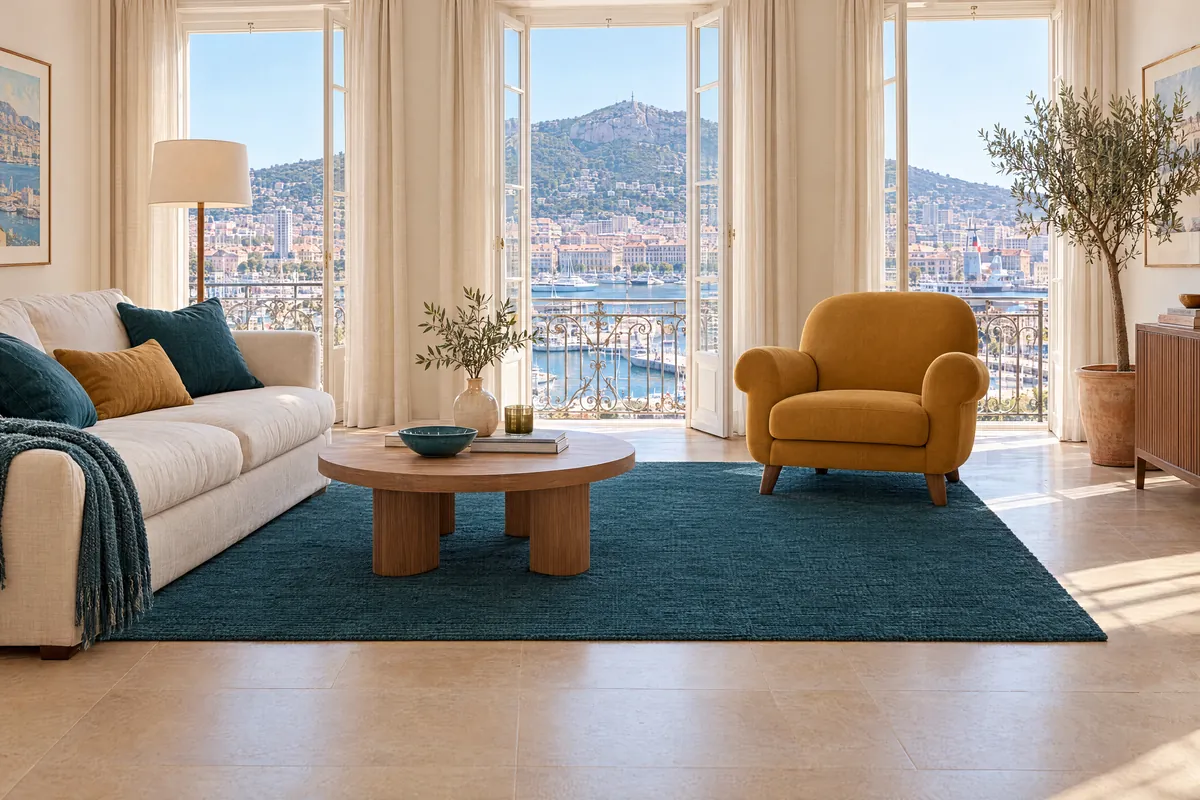 Après : salon meublé avec canapé blanc, tapis bleu et fauteuil ocre, vue sur la rade de Toulon
